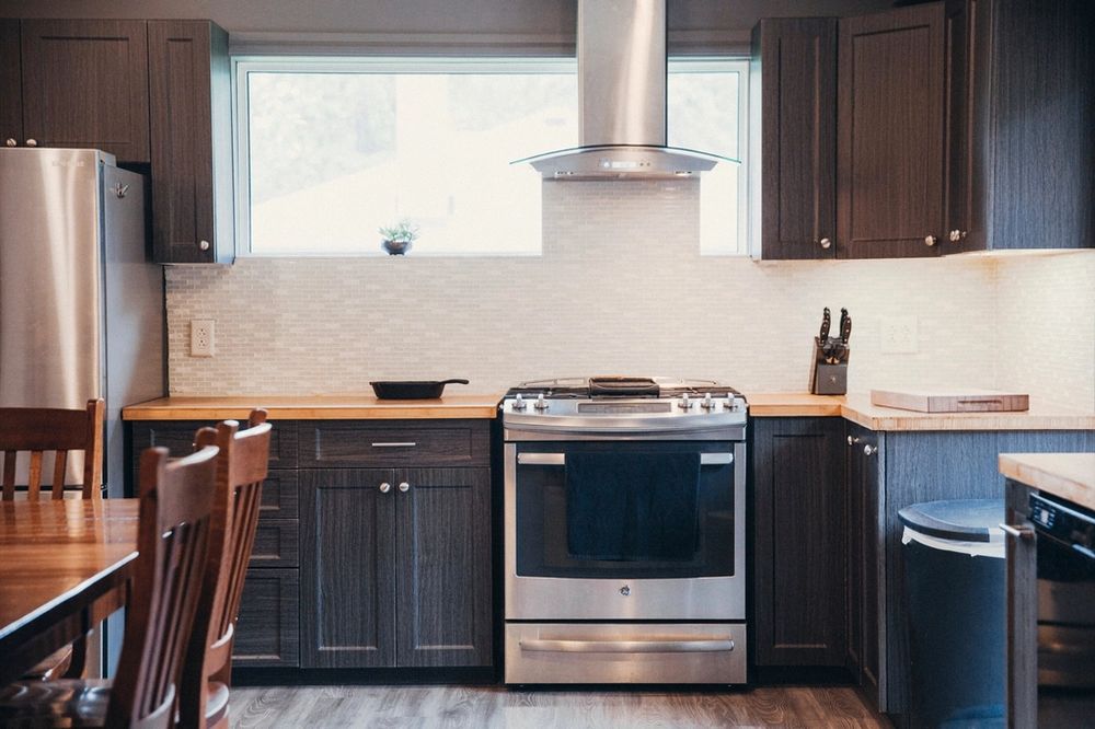 Rich dark wood cabinetry